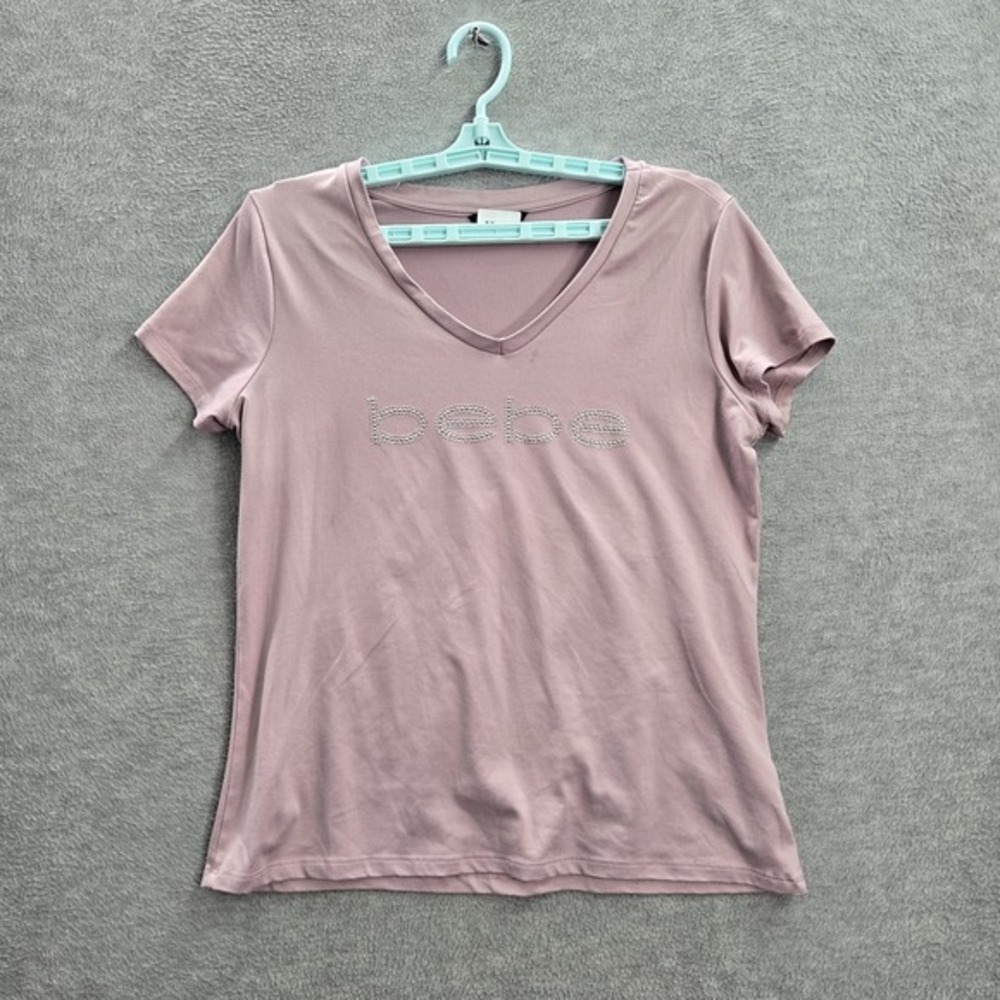 Bebe‎ Sport Women Shirt M Pink Rhinestone V-Neck Pullover READ